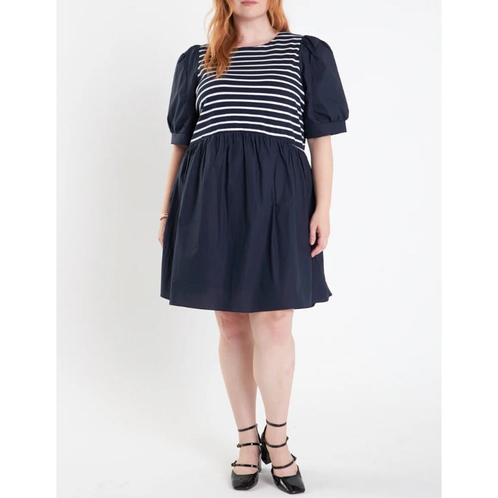 English Factory NEW Navy Blue & White Striped High-Low Puff Slv Dress Women 2X